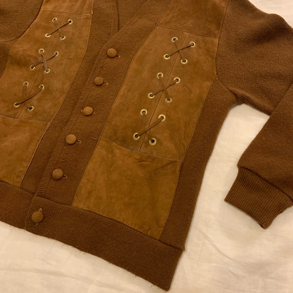Vintage Oversized Knit Cardigan Sweater with Suede Panels and Lace Up Detail - Picture 5 of 16